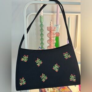 Y2K Embroidered Tree Frog Black Shoulder Bag